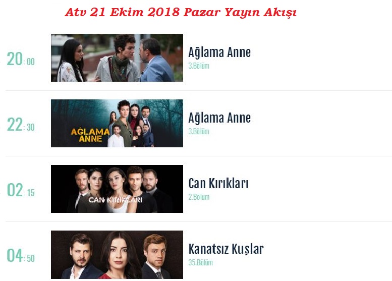 21 Ekim 2018 Pazar Yayın Akışı, Tüm Kanalların Listesi